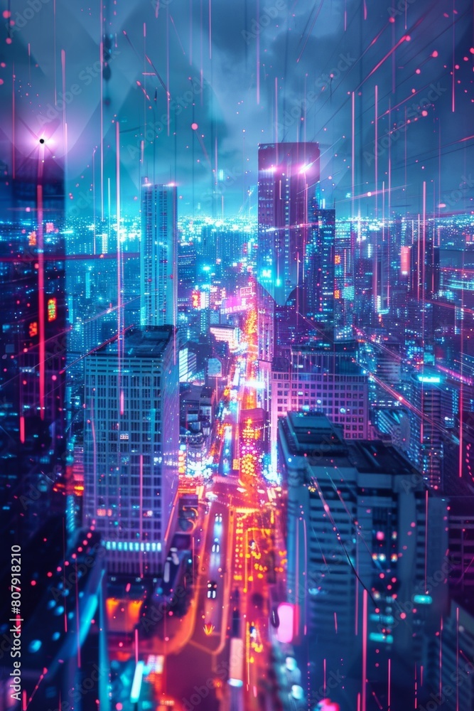 A panoramic cityscape at night, glowing with neon lights and holographic data streams, protected by a translucent digital shield, glitch art