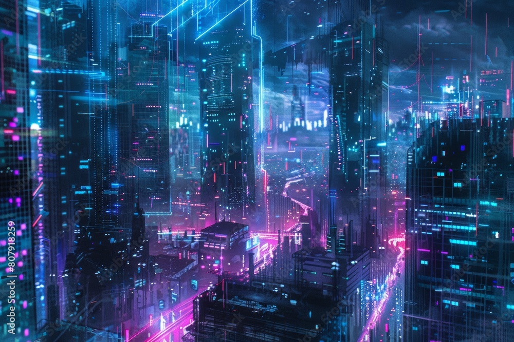 A panoramic cityscape at night, glowing with neon lights and holographic data streams, protected by a translucent digital shield, glitch art A panoramic cityscape at night, glowing with neon lights and holographic data streams, protected by a translucent digital shield, glitch art