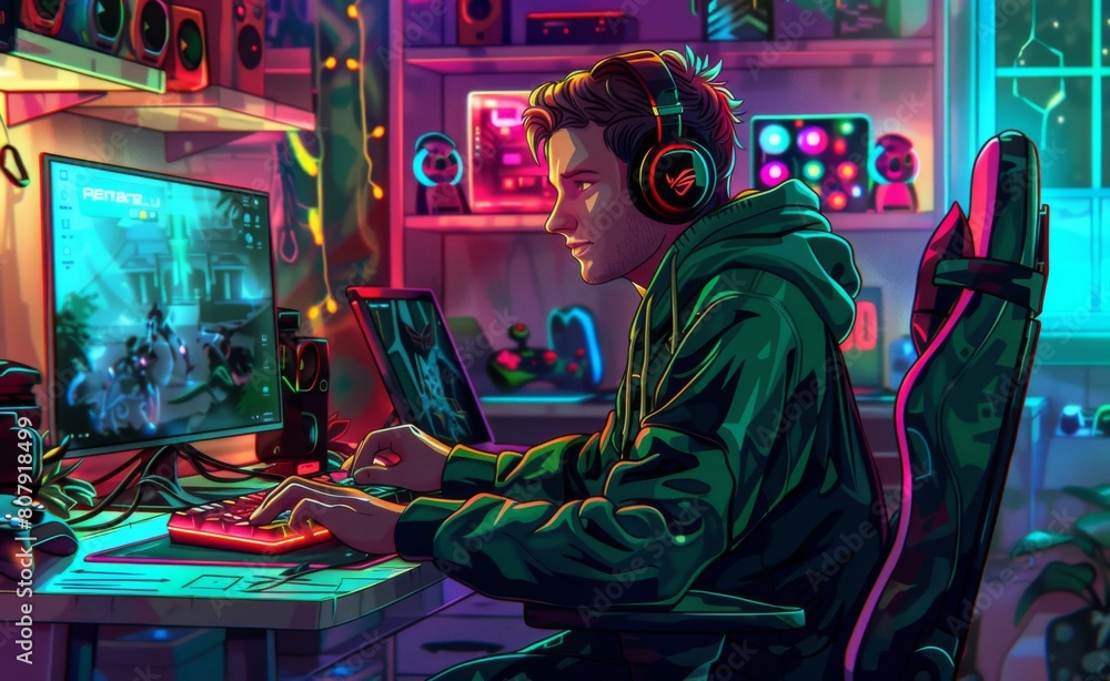 A gamer in his gaming room, wearing headphones and sitting at the desk with a mouse and keyboard A gamer in his gaming room, wearing headphones and sitting at the desk with a mouse and keyboard