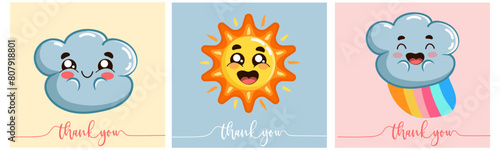 Set of Thank you cards with kids illustrations with lettering. Hand drawn collection cute weather themed elements. Funny rainbow, sun and fluffy cloud. for various greeting card and design concepts.