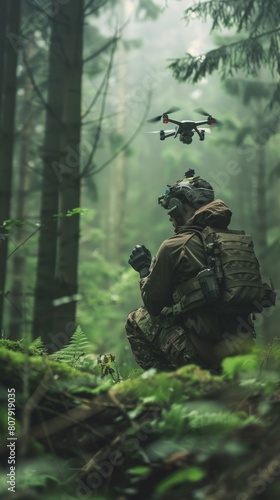 A soldier launching a small tactical drone from a concealed position in a dense forest