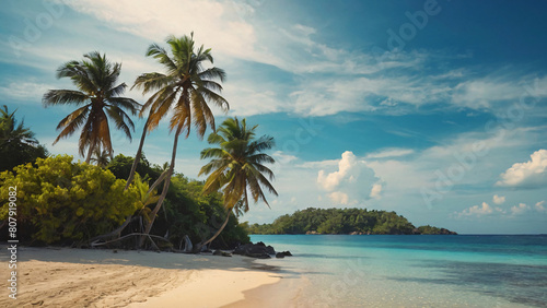 Tropical Paradise  Sunny Beach  Palm Leaves  and Island Bliss with Radiant Sunshine in the Background