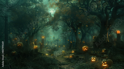a spine-chilling depiction of an eerie glade nestled within a haunted forest, where sinister pumpkins with twisted grins illuminate the darkness, their eerie glow revealing the malevolent energy  © NooPaew