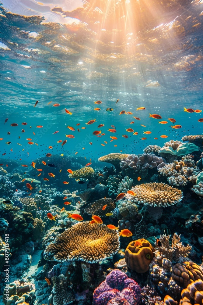 Obraz premium A vibrant coral reef teeming with colorful fish, sunlight dappling through the crystal-clear water