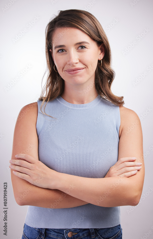Studio, woman and portrait with confidence, smile and arms crossed isolated on white background. Designer, trendy and stylish for startup, opportunity and creative development with employee pride Studio, woman and portrait with confidence, smile and arms crossed isolated on white background. Designer, trendy and stylish for startup, opportunity and creative development with employee pride