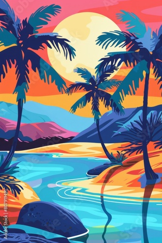 A vibrant desert oasis in pop art style, lush palm trees, turquoise water, simplified shapes © ktianngoen0128