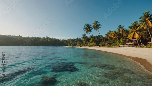 Tropical Paradise  Sunny Beach  Palm Leaves  and Island Bliss with Radiant Sunshine in the Background