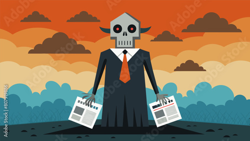 An eerie effigy constructed out of fearinducing news clips and misleading headlines stationed in a field of conflicting narratives manipulating minds.