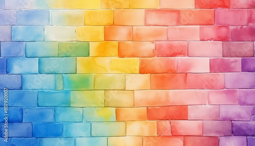 A colorful brick wall with a rainbow pattern