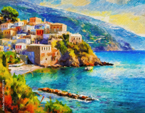 Impressionist oil painting of a cliffside town with Mediterranean stone buildings with seascape 