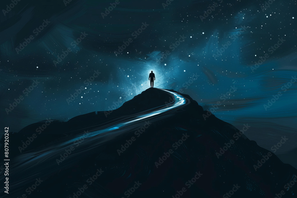 Silhouetted figure atop a hill under starry night sky Silhouetted figure atop a hill under starry night sky