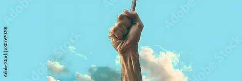 Political art, Concept idea of freedom of press, expression, speech, surreal painting, fist hand holding a pen up into the sky, conceptual artwork 3d illustration photo