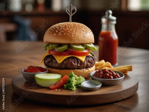 A burger masterpiece, with a tower of toppings and a perfectly cooked patty, served on a wooden plate. A ketchup tube and a set of silverware add a touch of playfulness to the scene.