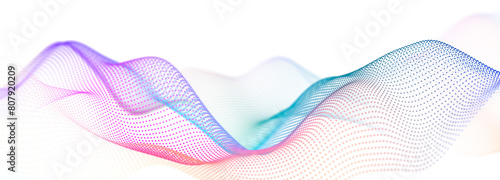 Colorful wave of streaming particles on a white background. Abstract background with dynamic elements of waves. 3d
