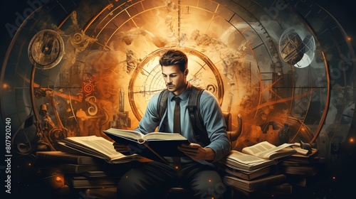 A conceptual illustration of a modernday archer with a compass and old philosophical books in the foreground blending traditional and contemporary symbols of Sagittarius traits