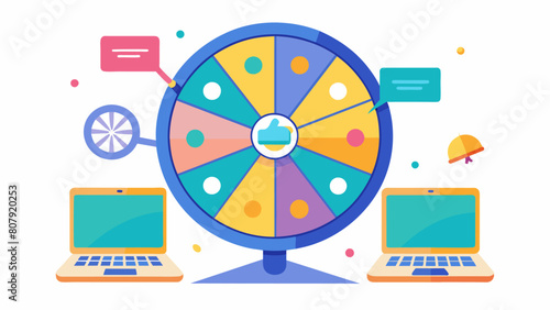 A spinning wheel with screens that display educational videos and quizzes as kids turn it faster.. Vector illustration