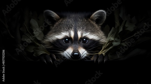 A mischievous raccoon with bright eyes captured midaction set against a solid black background emphasizing its nocturnal and cunning nature photo