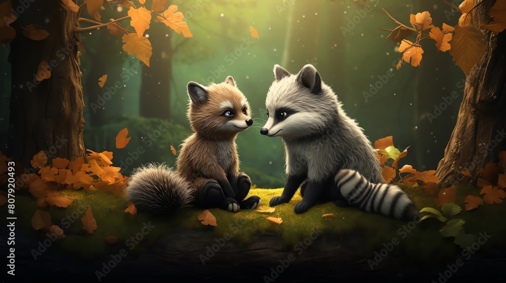 An adorable scene of a raccoon and a fox sitting side by side sharing a serene moment in a lush green forest with the raccoons grey fur and the foxs orange coat vividly contrasting