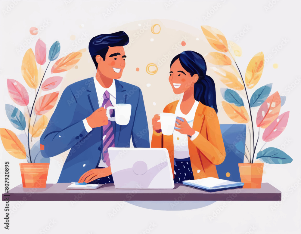 Couple of working and happy with the results illustration colored vector Couple of working and happy with the results illustration colored vector