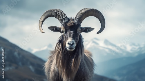 Closeup of a goats determined gaze with a mountainous horizon in the background illustrating Capricorn s focus and steadfast ambition in overcoming challenges photo