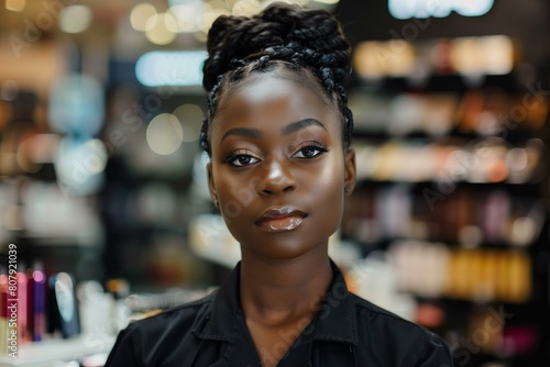 black woman seller wearing professional uniform with beautiful make up at a cosmetics store with blurred cosmetics products in the background