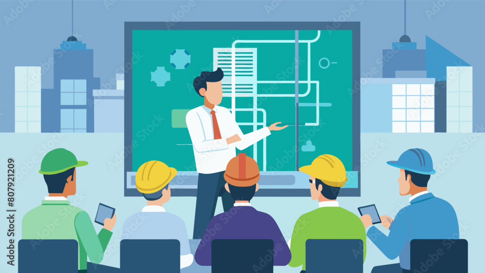 With BIM software projected onto a large screen an engineer leads a team meeting to discuss the intricate plumbing and wiring systems of a new. Vector illustration With BIM software projected onto a large screen an engineer leads a team meeting to discuss the intricate plumbing and wiring systems of a new. Vector illustration