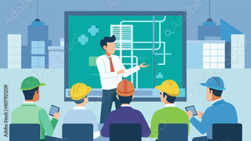 With BIM software projected onto a large screen an engineer leads a team meeting to discuss the intricate plumbing and wiring systems of a new. Vector illustration