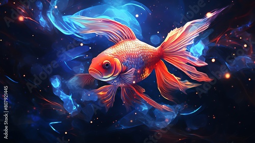 Digital artwork of ethereal fish gliding through a starfilled cosmic ocean merging the themes of the deep sea and the vast universe reflecting Pisces profound and mystical qualitie