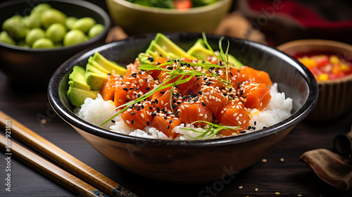 A vibrant, healthy bowl of poke featuring diced raw salmon, avocado, cucumber, and mango over a bed of steamed white rice