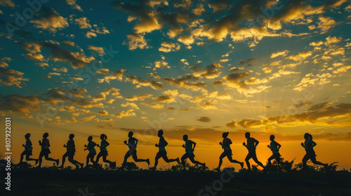 an image of diverse runners silhouetted against the early morning sky  their strides synchronized as they navigate the marathon course together  showcasing the power of teamwork 