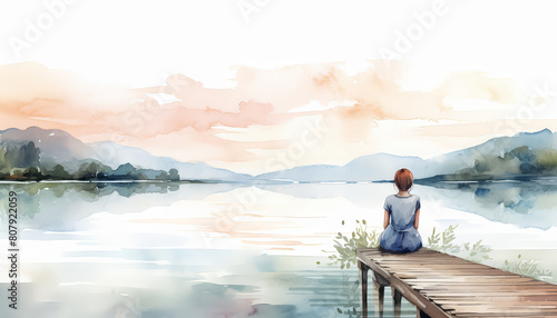 A woman sits on a dock by a lake, watching the sun set photo