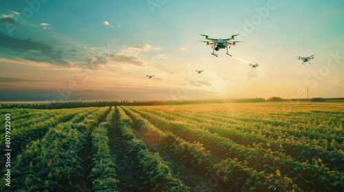 an image of high-tech agricultural drones buzzing over vast fields, equipped with advanced sensors and cameras to monitor crop health and detect areas needing attention, showcasing the innovative photo
