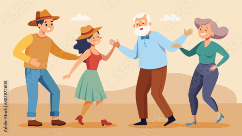 An older couple teaches a younger couple how to line dance to country music passing down a tradition that has been in their family for generations. Vector illustration