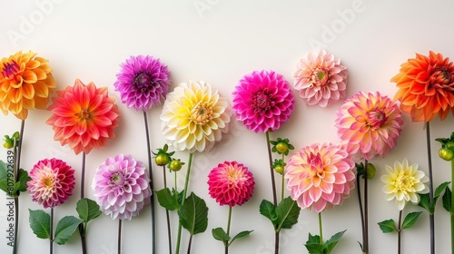 radiant dahlia flowers in various shades of pink, purple, yellow, and orange are arranged on a white wall, with green stems visible in the foreground