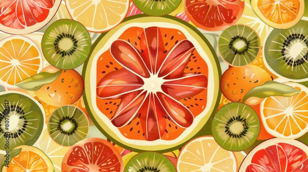 Illustration of a fruit pattern background blending with a mandala design Illustration of a fruit pattern background blending with a mandala design