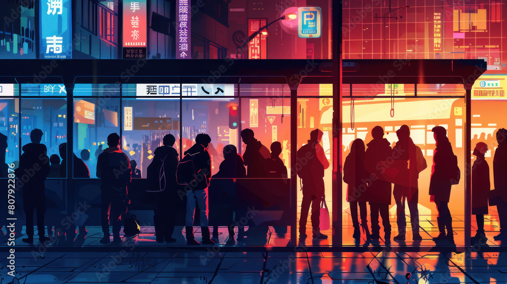people gathered at a bus stop beneath the colorful lights of a city bridge, their silhouettes outlined against the vibrant hues of neon signs and passing traffic. people gathered at a bus stop beneath the colorful lights of a city bridge, their silhouettes outlined against the vibrant hues of neon signs and passing traffic.