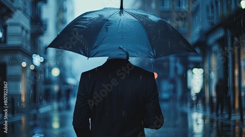 Mysterious figure under umbrella on rainy city street at night