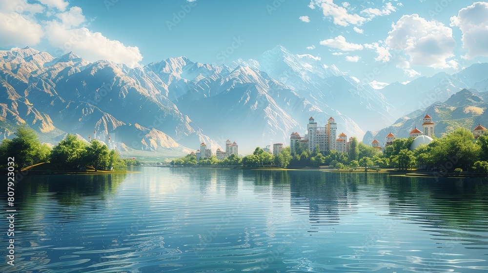 The buildings with mountains on behind, city, rivers, lakes, and clear skies,There is a lot of vegetation on the mountain. Generative AI. The buildings with mountains on behind, city, rivers, lakes, and clear skies,There is a lot of vegetation on the mountain. Generative AI.