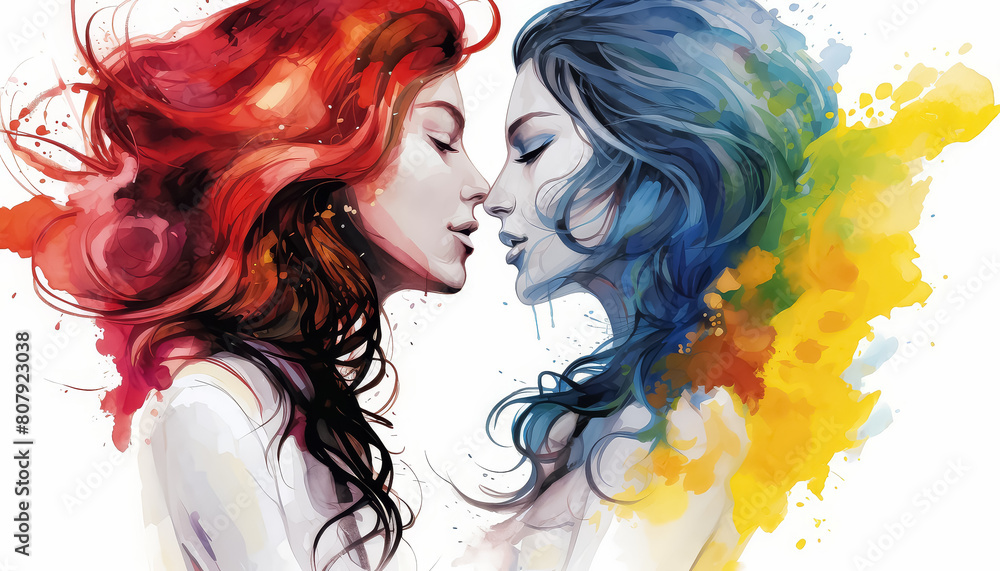 Two women with colorful hair and makeup