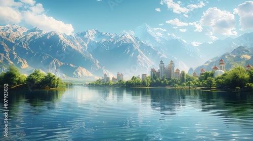 The buildings with mountains on behind, city, rivers, lakes, and clear skies,There is a lot of vegetation on the mountain. Generative AI.