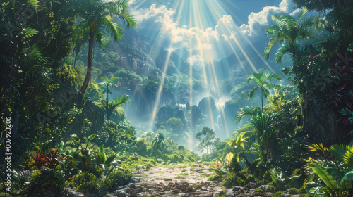 Sunlight beams through clouds above a lush jungle landscape
