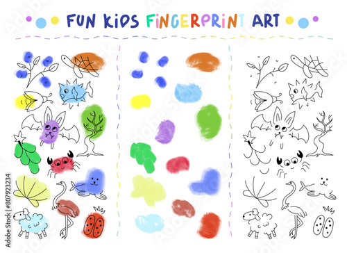 Baby finger print art play. Kids fingerprint game. Children learning drawing, school kindergarten activity. Finger paint art game for kids, easy fingerprint animals. Childish drawing with fingerprints