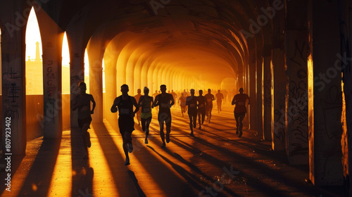 silhouetted athletes running through a tunnel or underpass during a dawn marathon, with the tunnel's arches and columns framing their movement, symbolizing the passage from darkness to light. photo