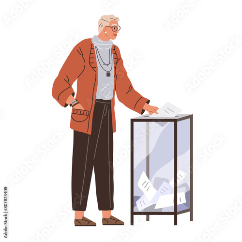 Old man throwing voting ballot for candidate in box during president or government election or referendum. Cartoon voter polling. Democracy and human opinion. Elderly man votes at polling station