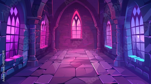 This is a cartoon castle hallway interior design. Modern illustration of a corridor perspective inside a medieval palace. The corridor has large Gothic windows  stone walls and floors  as well as a