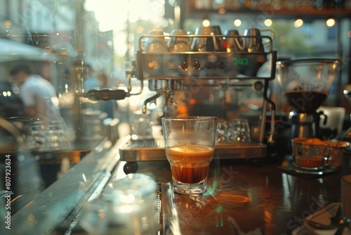 Coffee machine preparing latte coffee in a transparent mug in a street cafe