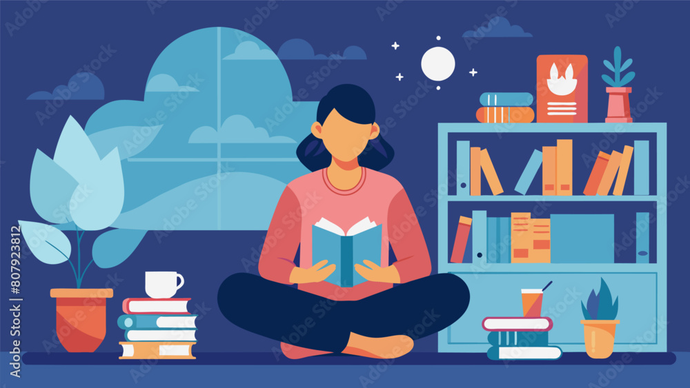 A peaceful library with a person sitting in a quiet corner reading a book on mindfulness and discovering inner peace.. Vector illustration A peaceful library with a person sitting in a quiet corner reading a book on mindfulness and discovering inner peace.. Vector illustration