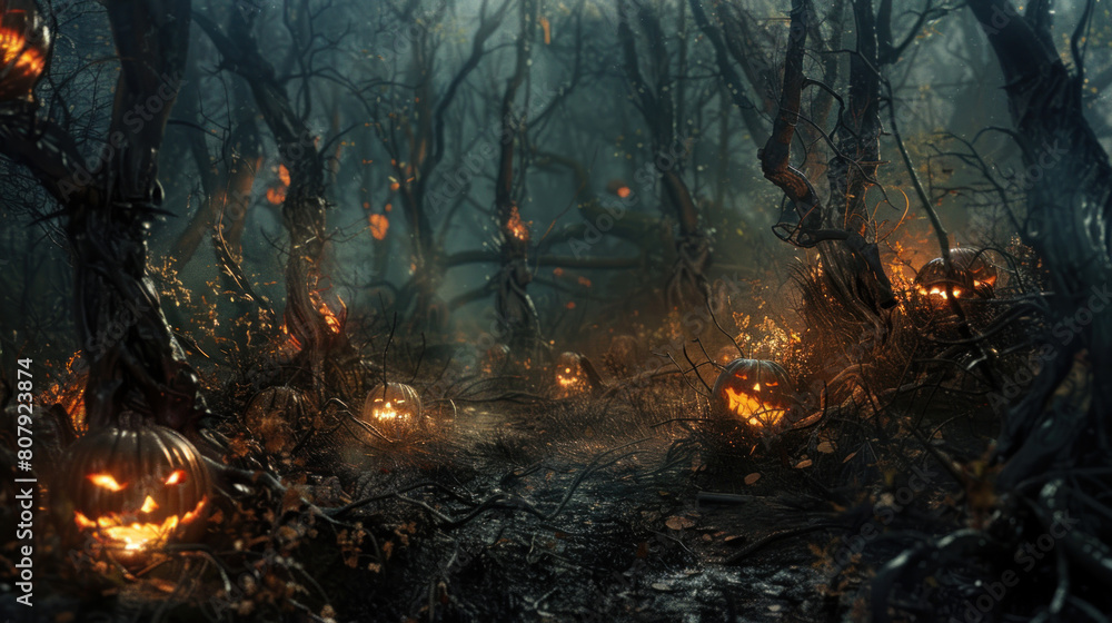 a spectral clearing in a haunted forest, where pumpkins carved with sinister expressions cast an eerie glow upon the skeletal branches of dead trees, setting the stage for ghostly encounters. a spectral clearing in a haunted forest, where pumpkins carved with sinister expressions cast an eerie glow upon the skeletal branches of dead trees, setting the stage for ghostly encounters.