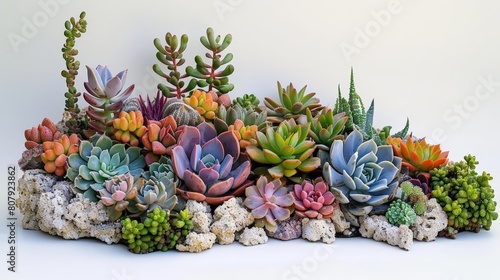 succulent garden in desert landscape featuring a variety of colorful flowers  including purple  blue  green  pink  and purple - and - blue blooms  as well as a green