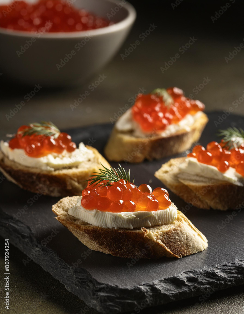 Bruschetta with cream cheese and red caviar. Delicious snack. Tasty delicacy. Culinary concept. Bruschetta with cream cheese and red caviar. Delicious snack. Tasty delicacy. Culinary concept.
